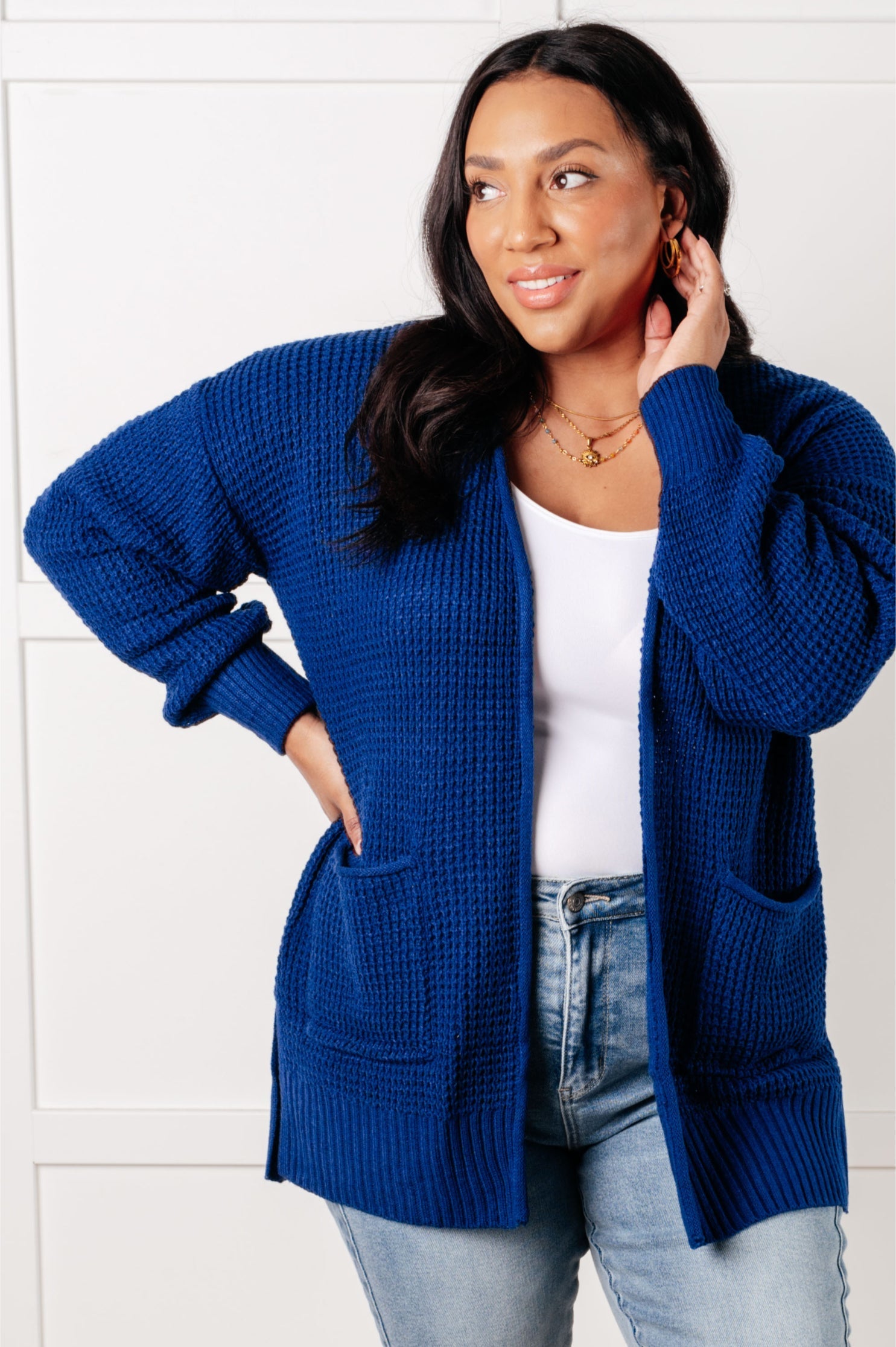 Zenana Everything Layer Waffle Knit Open Front Cardigan in Light Navy 3XL Layers