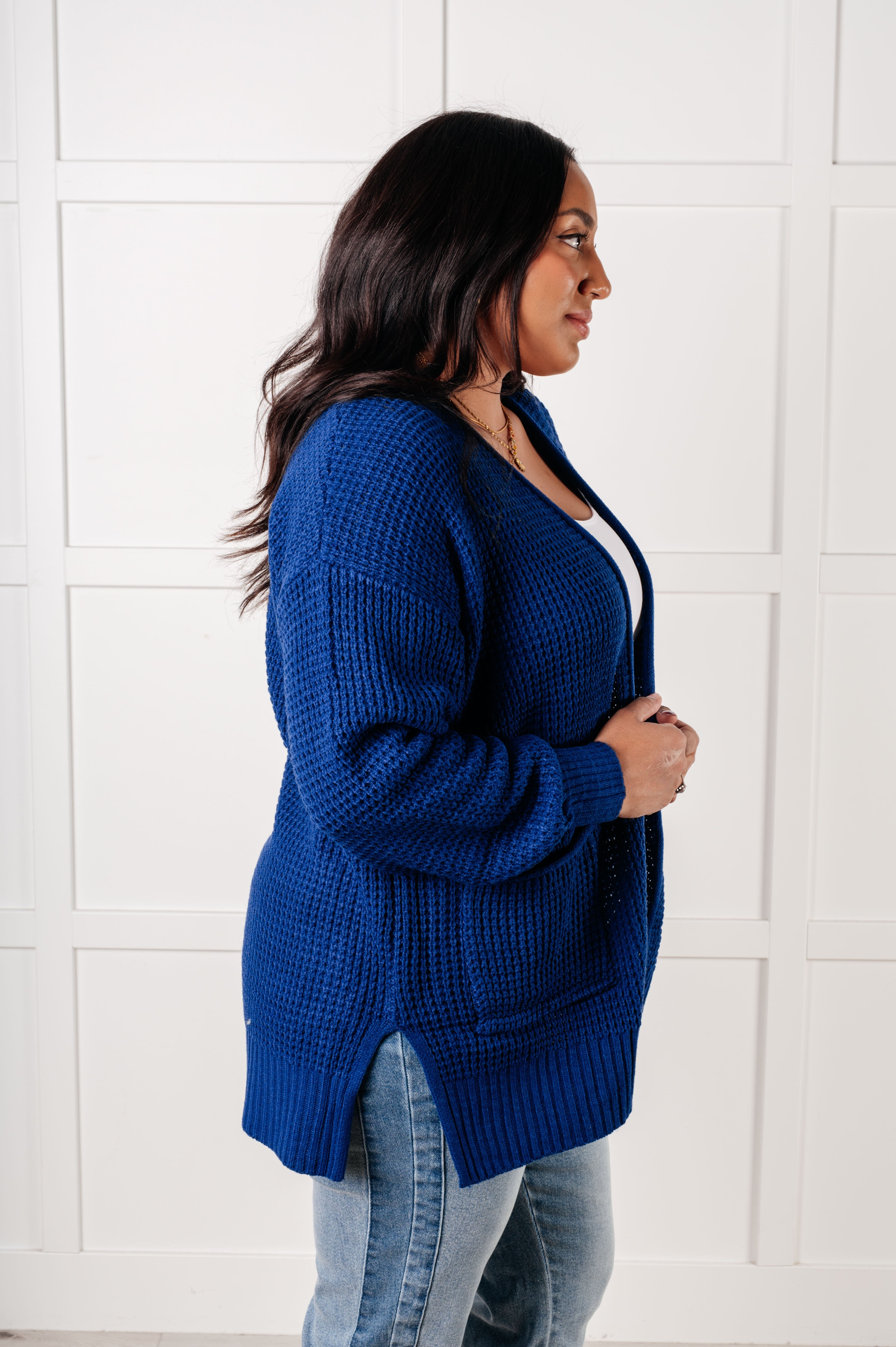 Zenana Everything Layer Waffle Knit Open Front Cardigan in Light Navy Layers