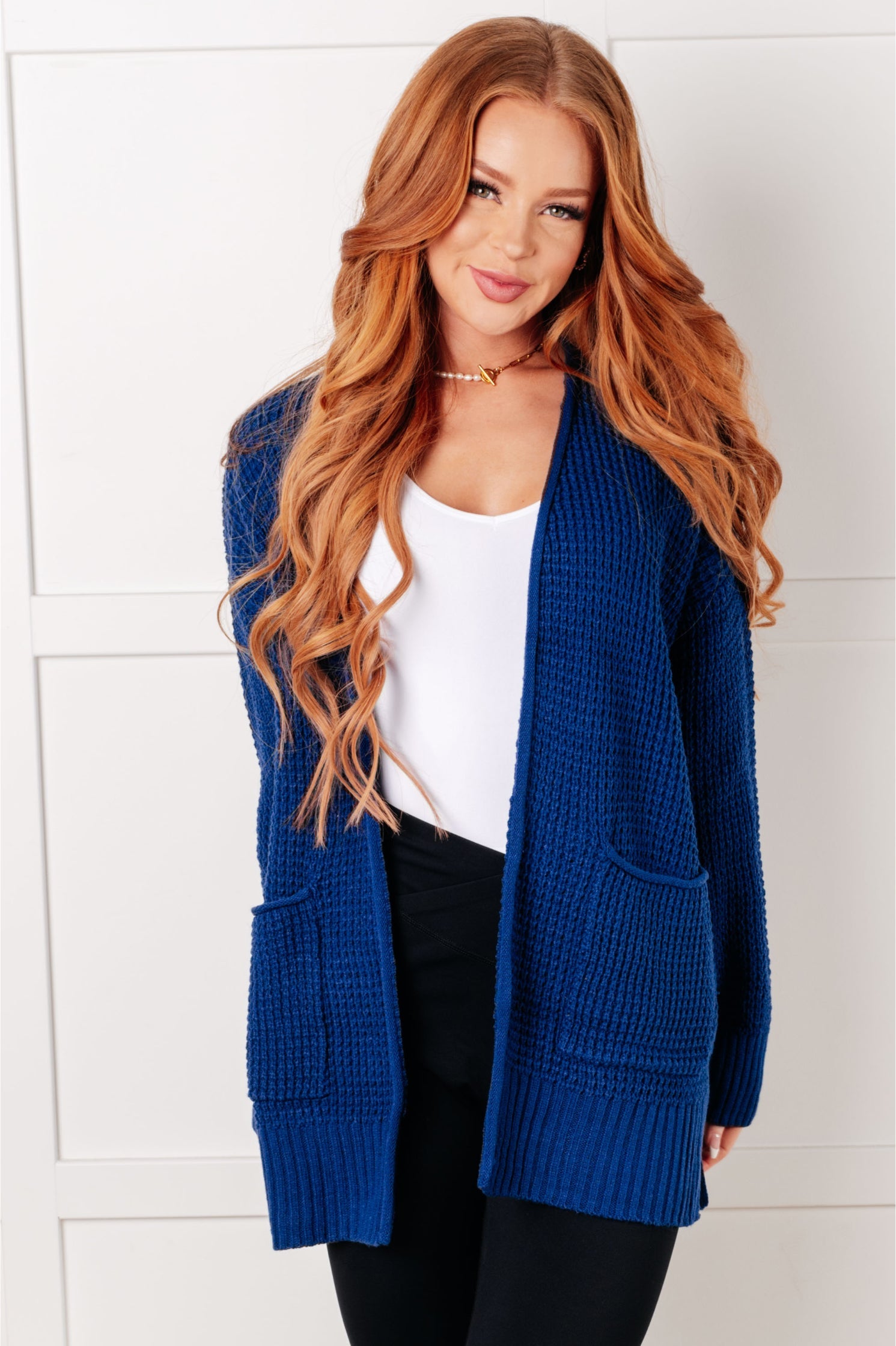 Zenana Everything Layer Waffle Knit Open Front Cardigan in Light Navy Layers