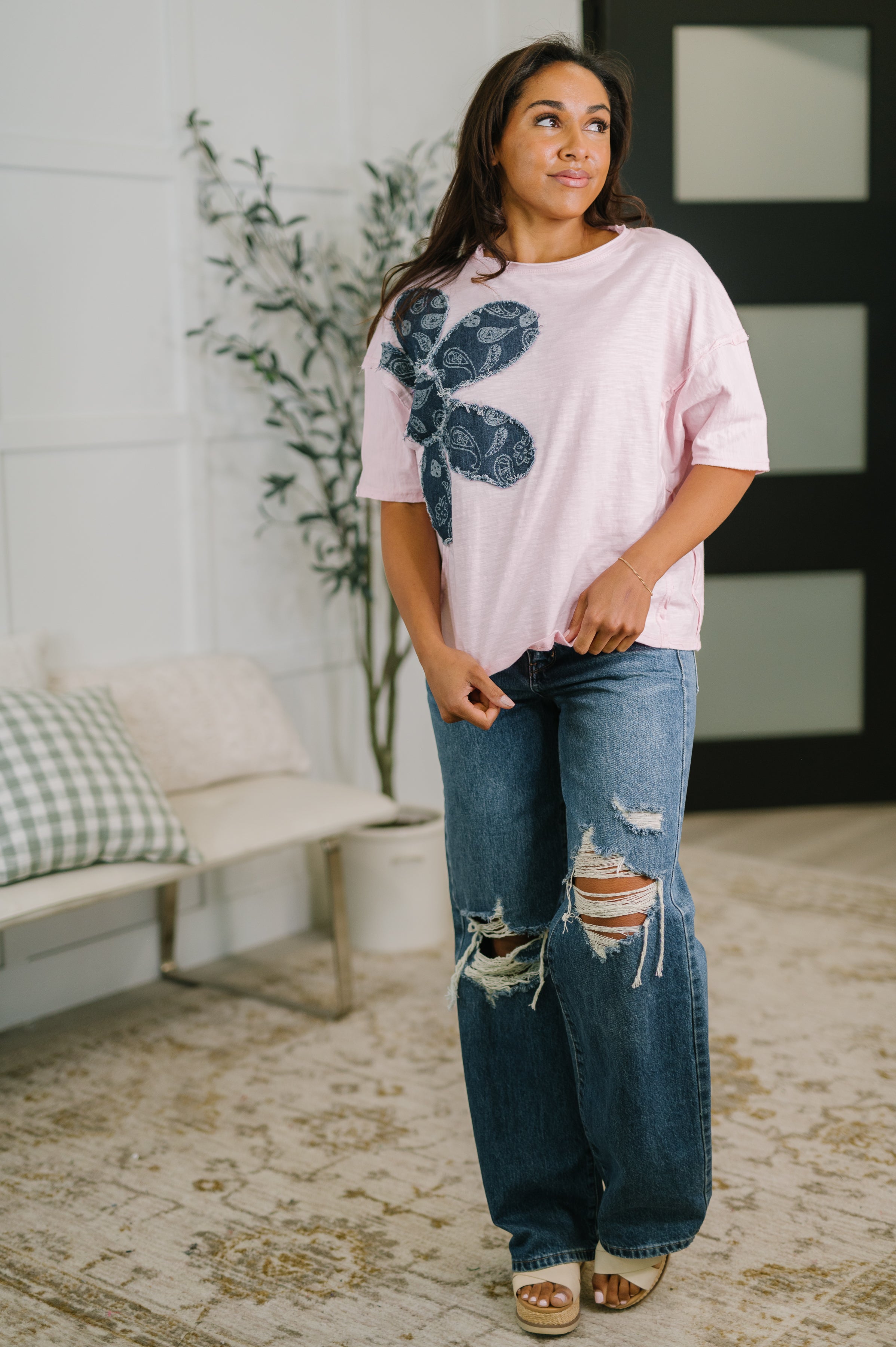 Haptics Exactly My Type Paisley Floral Applique Top Womens
