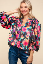 Haptics Bubble Long Sleeve Floral Woven Blouse Top