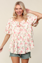 Haptics Pleated Ribbon Floral Bubble Short Sleeve Top