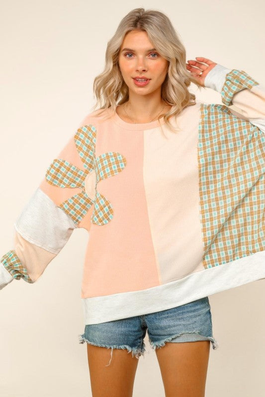 Haptics Haptics Round Neck Bubble Long Sleeve Plaid Flower Patch Color Block Pullover in Peach / Oatmeal
