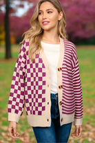 Haptics Magenta Checkered & Striped Button-Down Cardigan Haptics