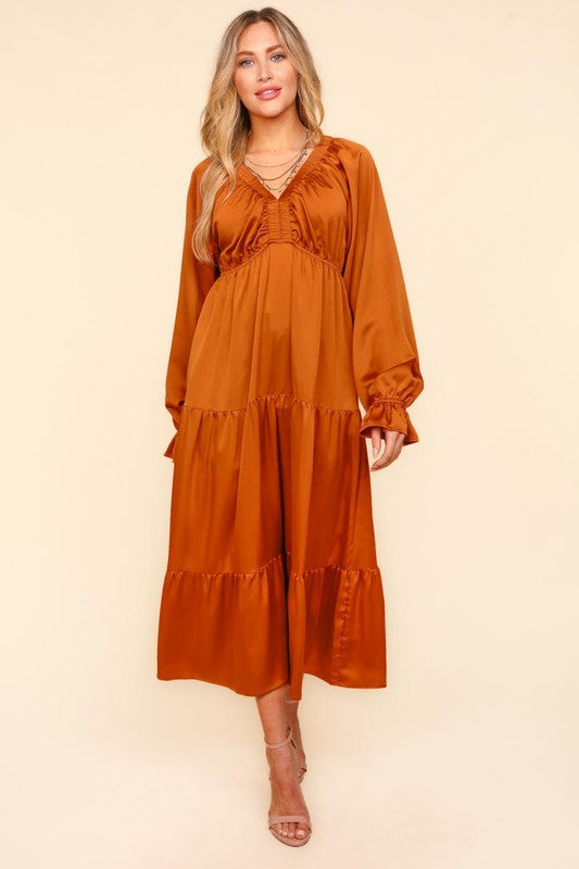 Haptics Elegant Rust Elastic V Neck Tiered Satin Maxi Dress Haptics