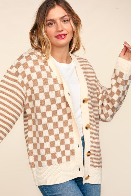 Haptics Taupe Checkered & Striped Button Down Cardigan Haptics