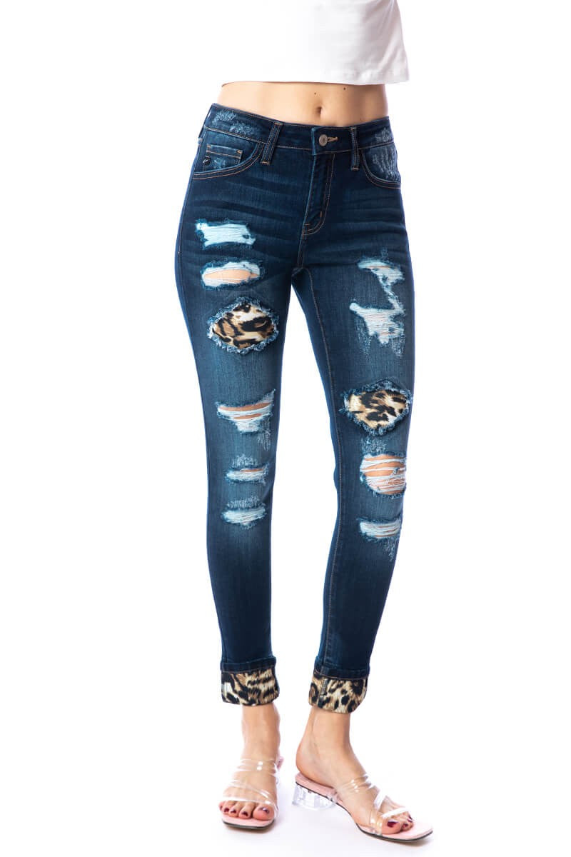 KanCan Mid Rise Distressed Leopard Print Accent Skinny Jeans Final Sale Ruby Idol Apparel