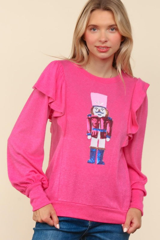 Haptics Holiday Hot Pink Sequin Nutcracker Ruffle Hacci Sweater Haptics