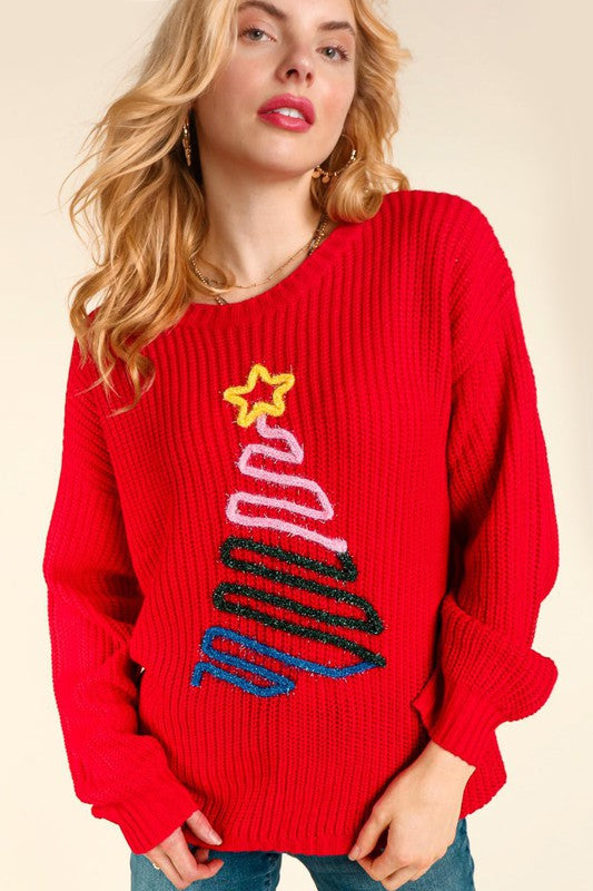 Haptics Red Christmas Tree Glitter Lurex Sweater Haptics