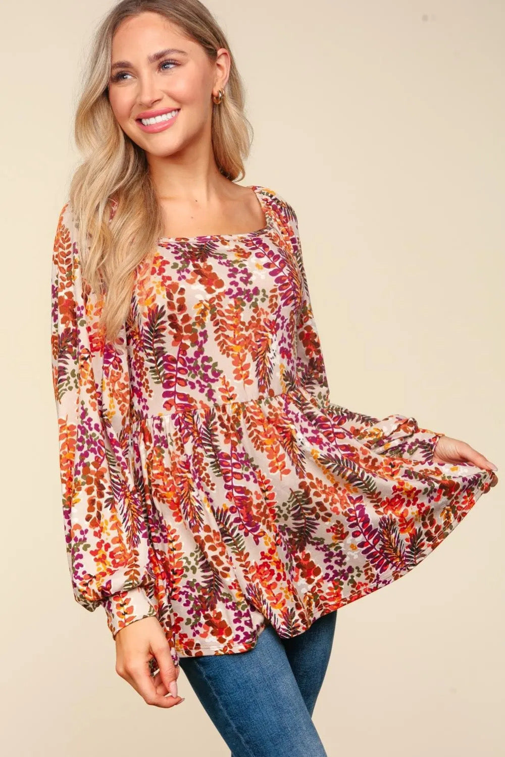 Haptics Taupe & Rust Floral Print Babydoll Bubble Sleeve Top Haptics