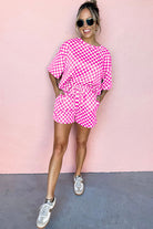 Preorder: Fuchsia Pink Checkered Round Neck Top and Shorts Two-Piece Set