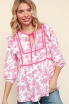 Haptics Hot Pink/White Notched Neck With Bow Ribbon Tie Woven Top