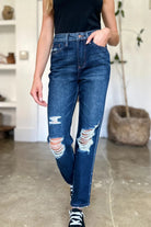 Judy Blue Dark Washed High Waist Rigid Magic Heavy Destroyef Straight Jeans Jeans