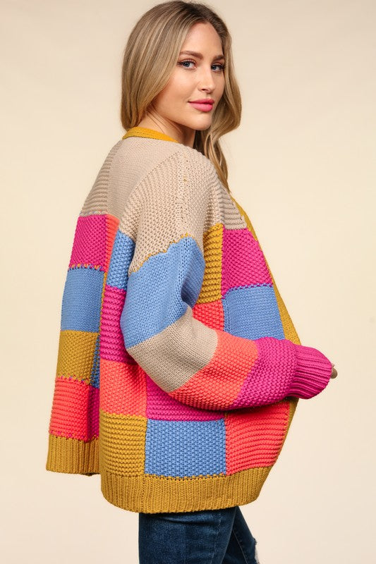 Haptics Multicolor Chunky Knit Color Block Patchwork Cardigan Haptics