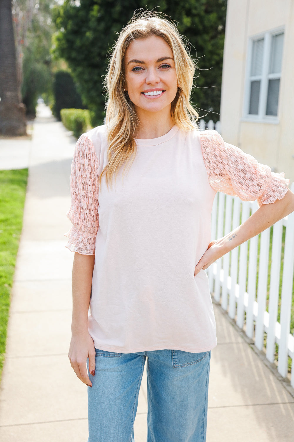 Haptics Peach French Terry Lace Sleeve Top Shirts & Tops