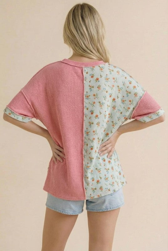 Haptics Patchwork Floral Ruffle Top in Pink and Blue – Ruby Idol