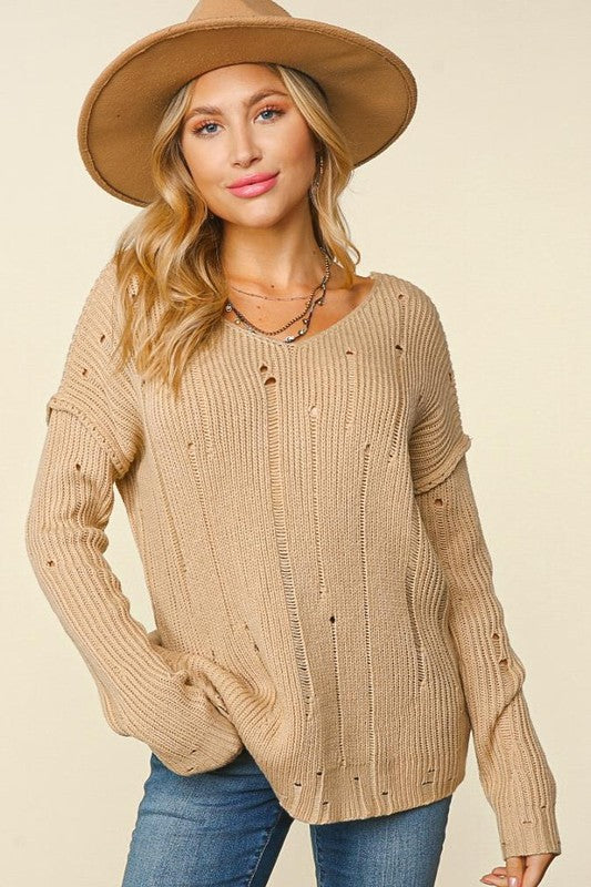 Haptics Eyes On You Taupe Distressed V Neck Ribbed Sweater Haptics