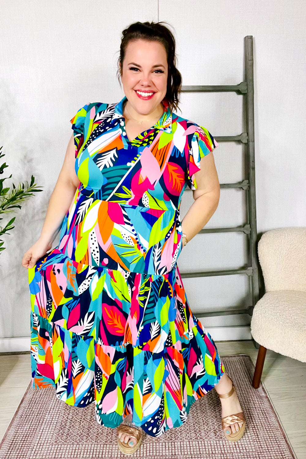 Haptics PLUS Tropical Floral Collar V Neck Midi Dress