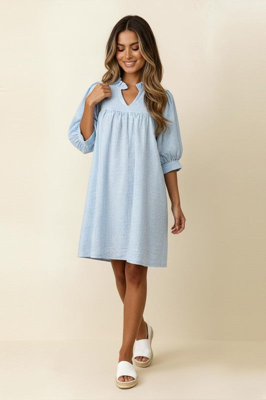 Haptics Bubble Blue Short Sleeve Pin Stripe Babydoll Dress