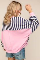 Haptics Navy & Pink Crew Neck With Triangle Detail Drop Shoulder Loose Fit Oversized Long Sleeve Color Block Stripe French Terry Pullover