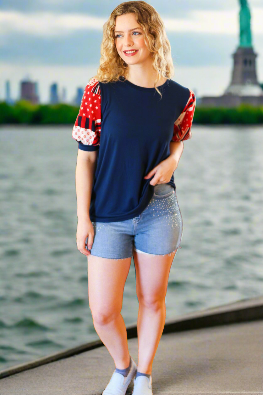 Haptics Holiday Stand-Out Navy Patriotic Patchwork Puff Sleeve Top Haptics