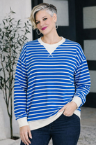 Zenana Ocean Blue Contrast Striped Round Neck Sweatshirt