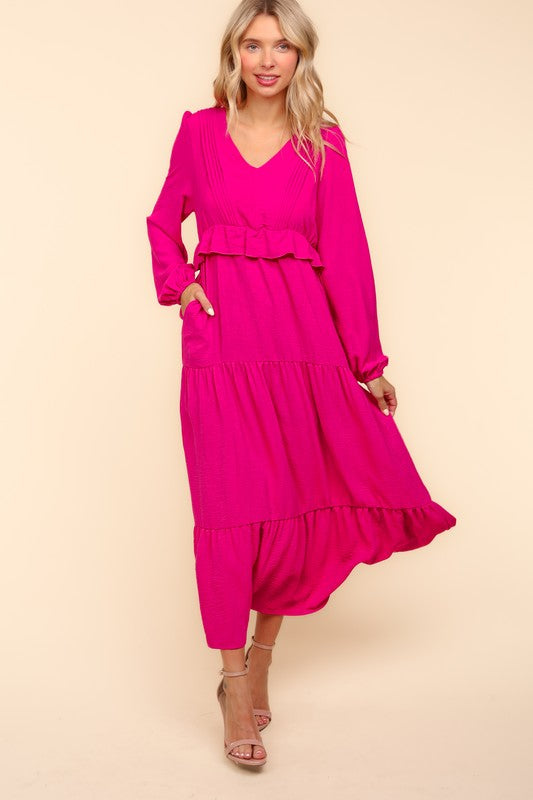 Haptics Berry Pintuck Detail Frill V Neck Maxi Dress Dresses