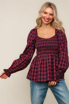 Haptics Red & Blue Smocking V-Neck Babydoll Plaid Woven Top