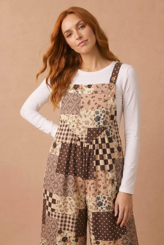 Haptics Cozy Patchwork Dreams Wide Leg Overall Set