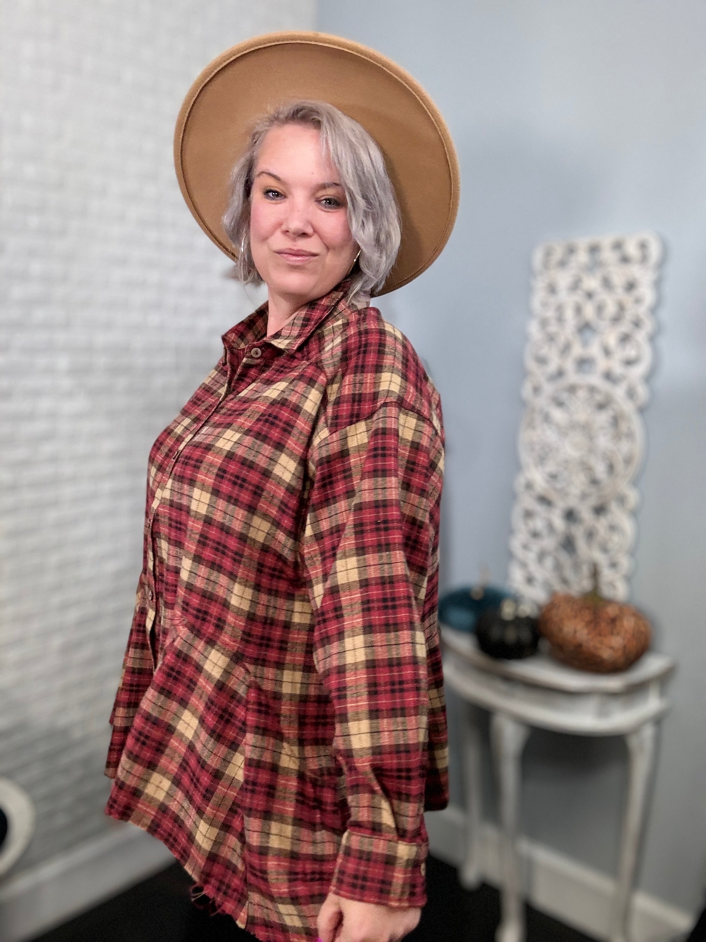 Haptics Burgundy/Taupe Plaid Button Down Sharkbite Shirt Trendsi