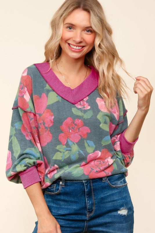 Haptics Beautiful You Vintage Teal Floral Print V Neck Hacci Knit Sweater Haptics