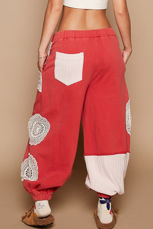 POL French Terry Cut Sew Patch Jogger Pants Ruby Idol Apparel