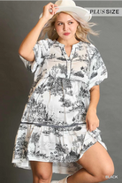 Umgee Black Two Tone Landscape Print Dress with Balloon Sleeves