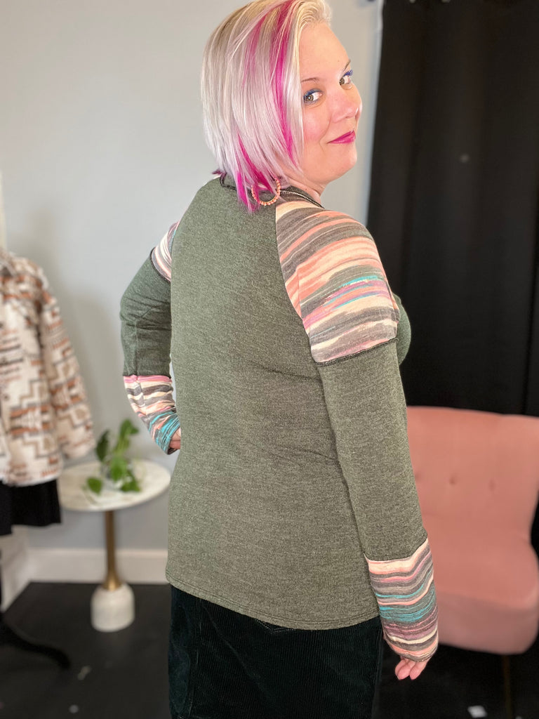 Heimish Olive Solid and Stripe Long Sleeve Top Black Friday