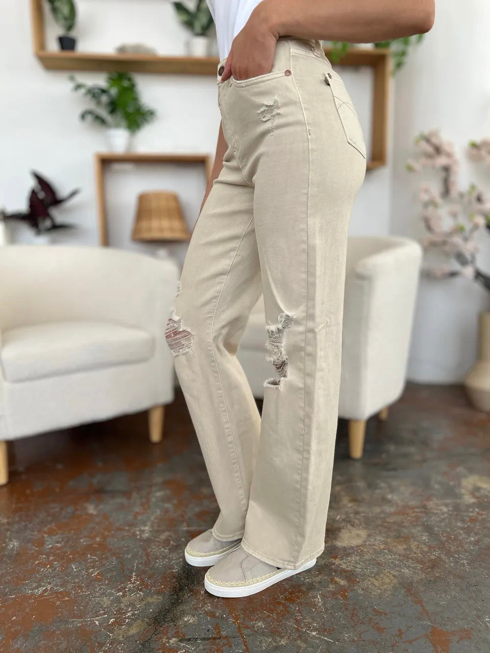 Judy Blue High Waist Distressed Wide Leg Jeans in Bone Pants