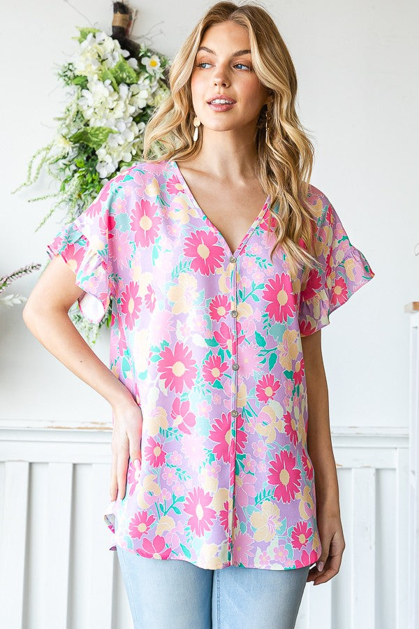 Heimish Faux Button Front Blouse In Pink Florals Heimish