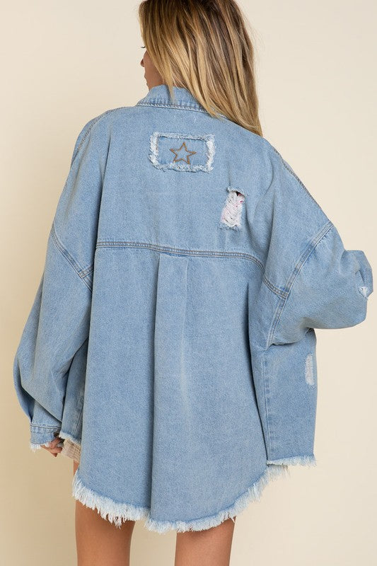 POL Lemonade Button Down Raw Hem Distressed Shacket Trendsi