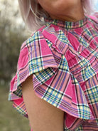 Haptics Fuchsia Plaid Shirred Yoke Flutter Sleeve Top Haptics