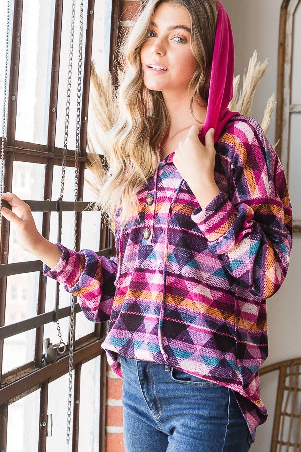 Heimish Magenta French Terry Multicolor Geometric Puff Sleeve Hoodie in MemorialDay24