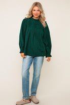 Haptics Green Frilled Mock Neck Gingham Check Woven Blouse