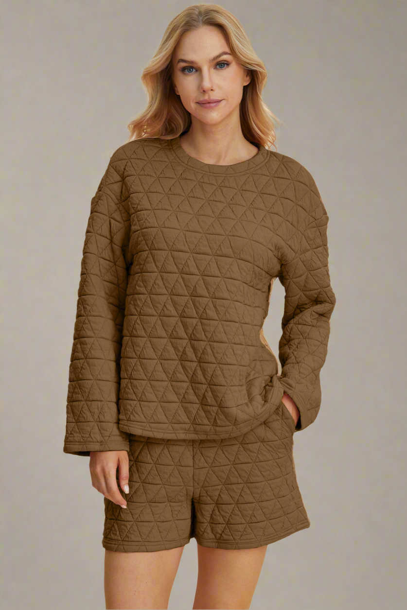 Double Take 3 Colors Quilted Textured Round Neck Long Sleeve Top and Shorts Set Coffee Brown Trendsi