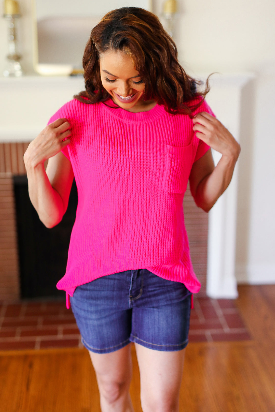 Haptics Best In Bold Hot Pink Dolman Ribbed Knit Sweater Top Final Sale Haptics