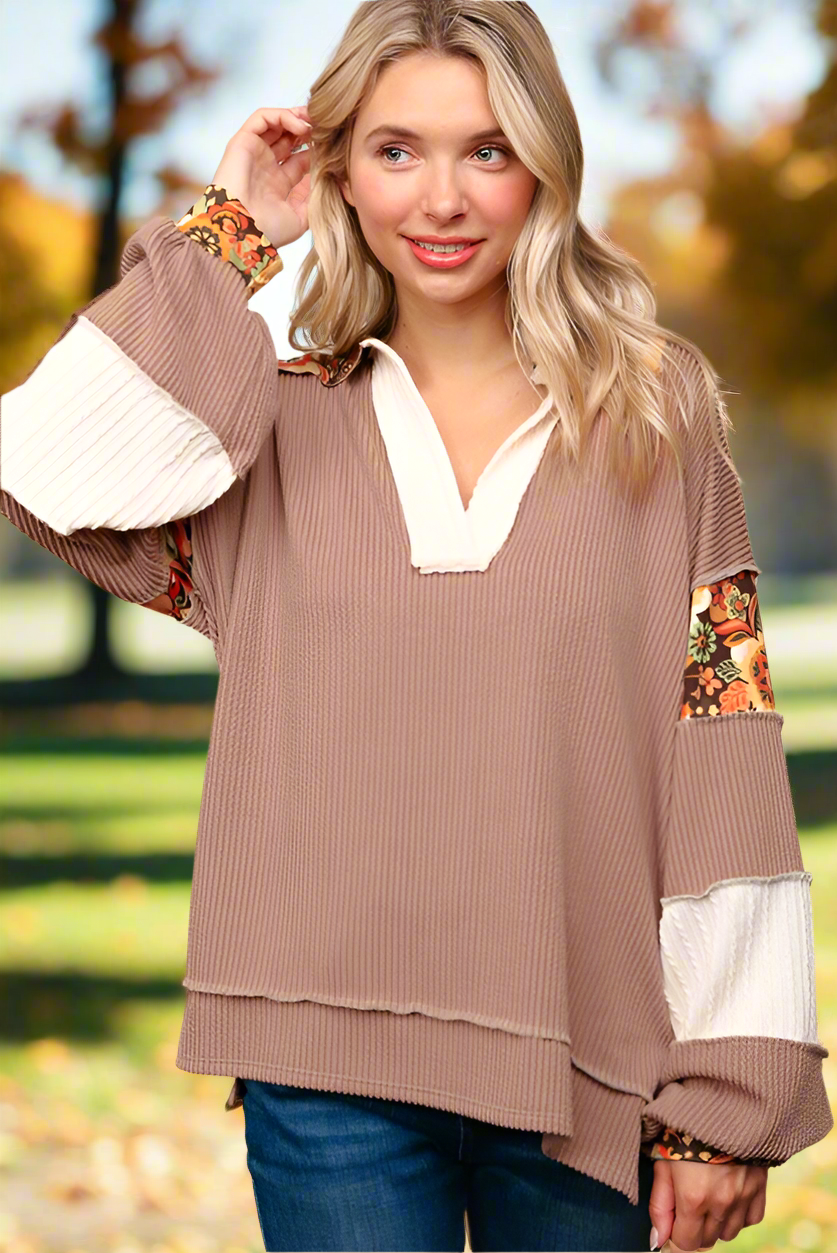 Haptics Caramel Ribbed Floral Print Colorblock Notch Neck Top Haptics