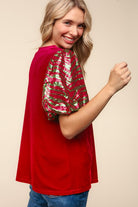 Haptics Red & Green Sequin Puff Sleeve Velvet Top Haptics