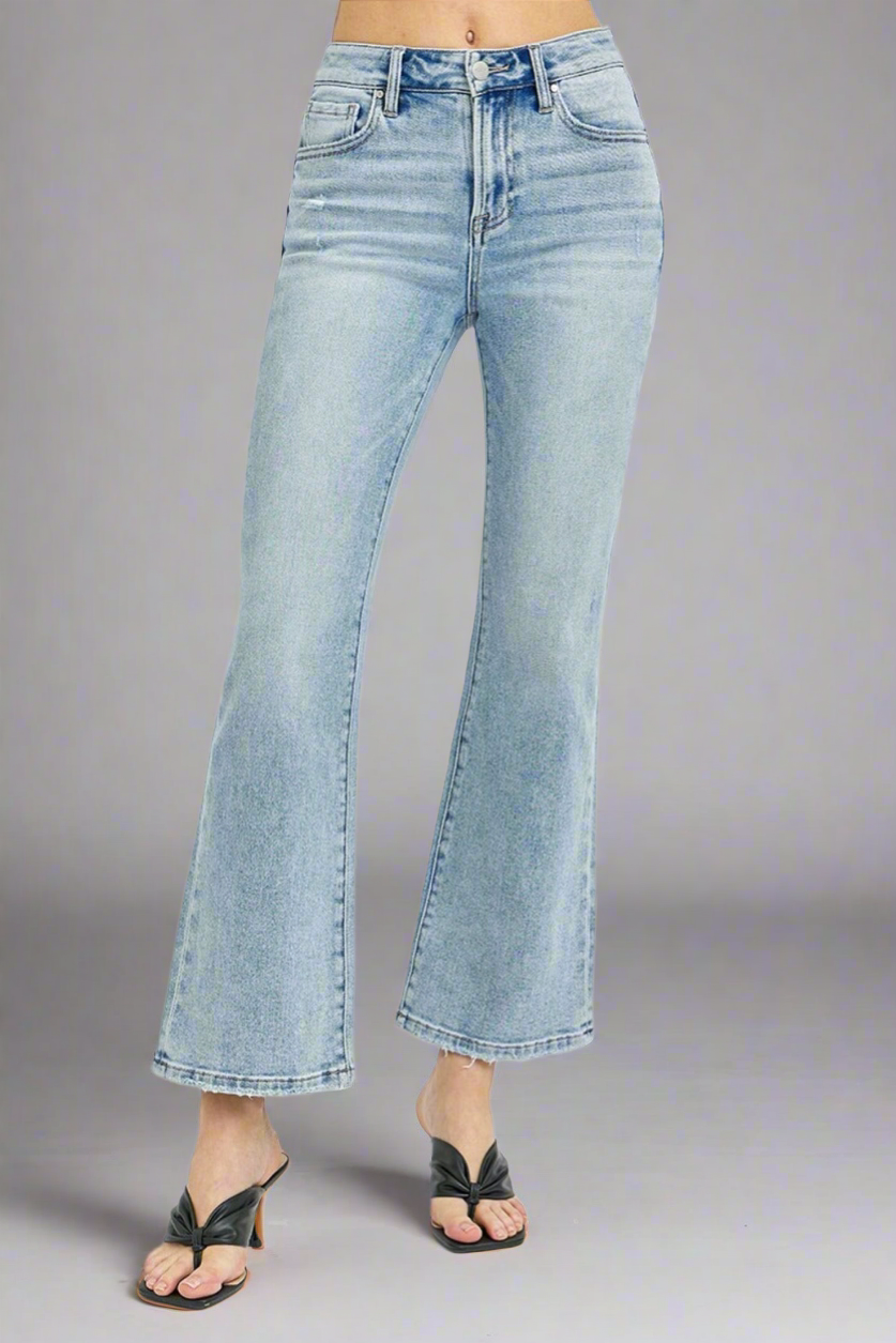 RISEN Light Washed High Rise Ankle Flare Jeans Trendsi