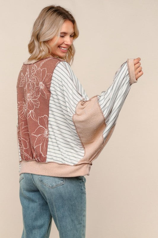 Haptics Mocha/Oatmeal Oversized Striped and in Floral Long Sleeve Dolman Top