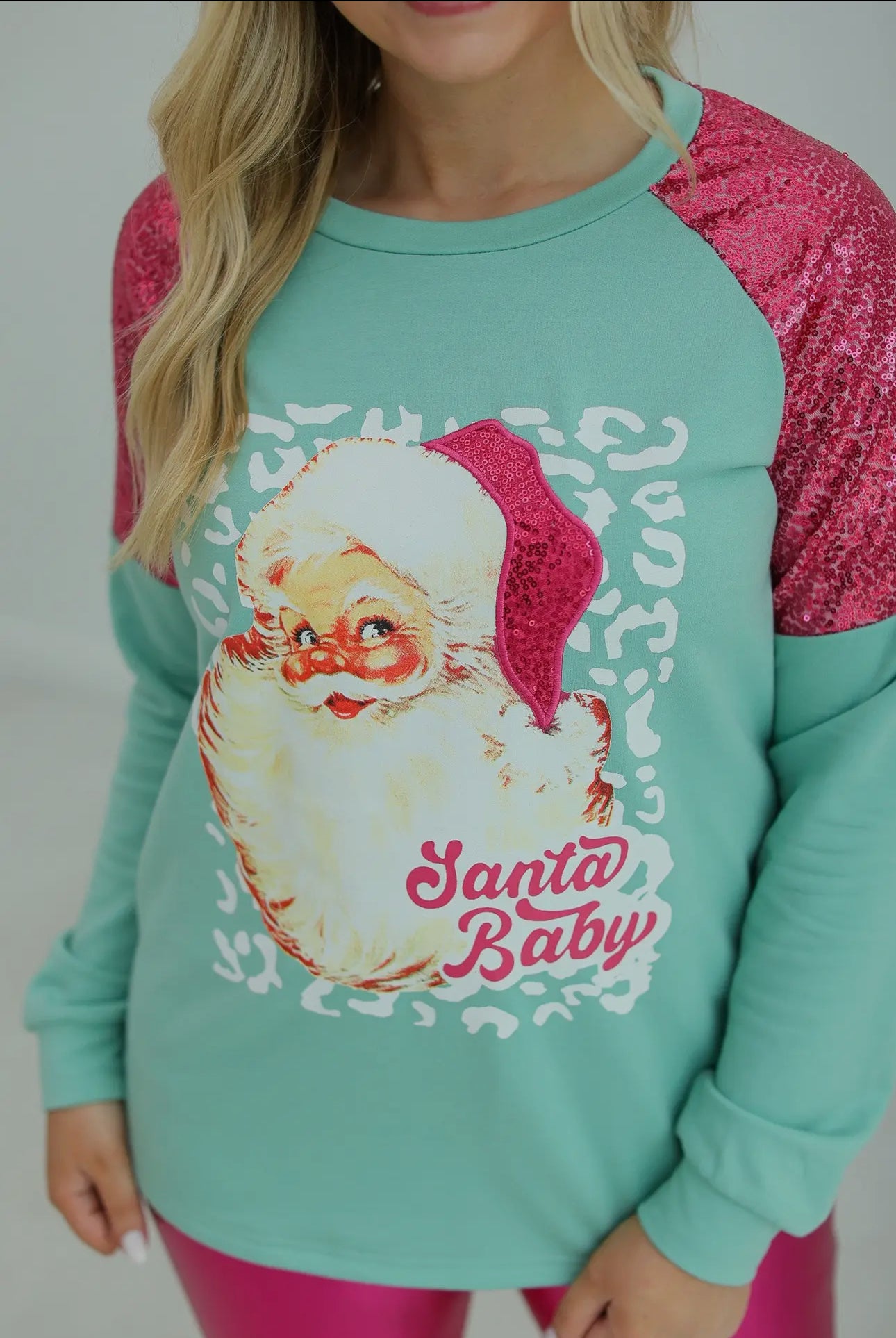 Southern Grace Santa Sequin Mint Sweater Ruby Idol Apparel