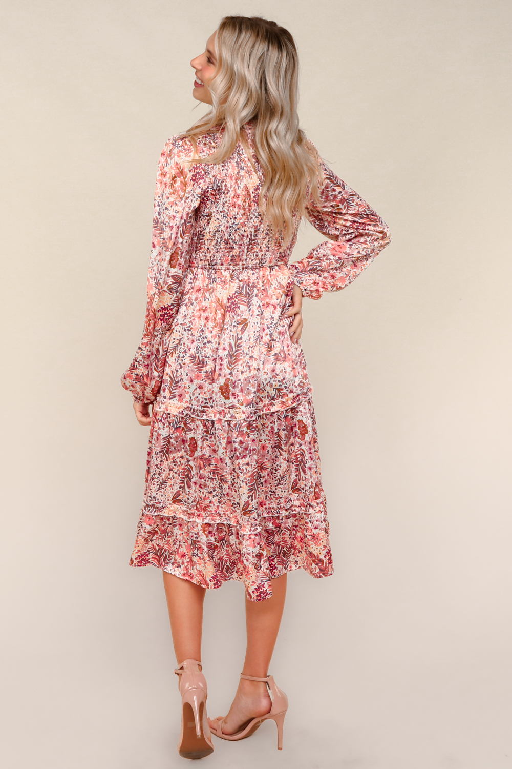 Haptics Midi Satin Floral Tiered Dress with Side Pockets