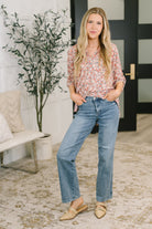 Favorite Florist Split Neck Half Sleeve Top Womens