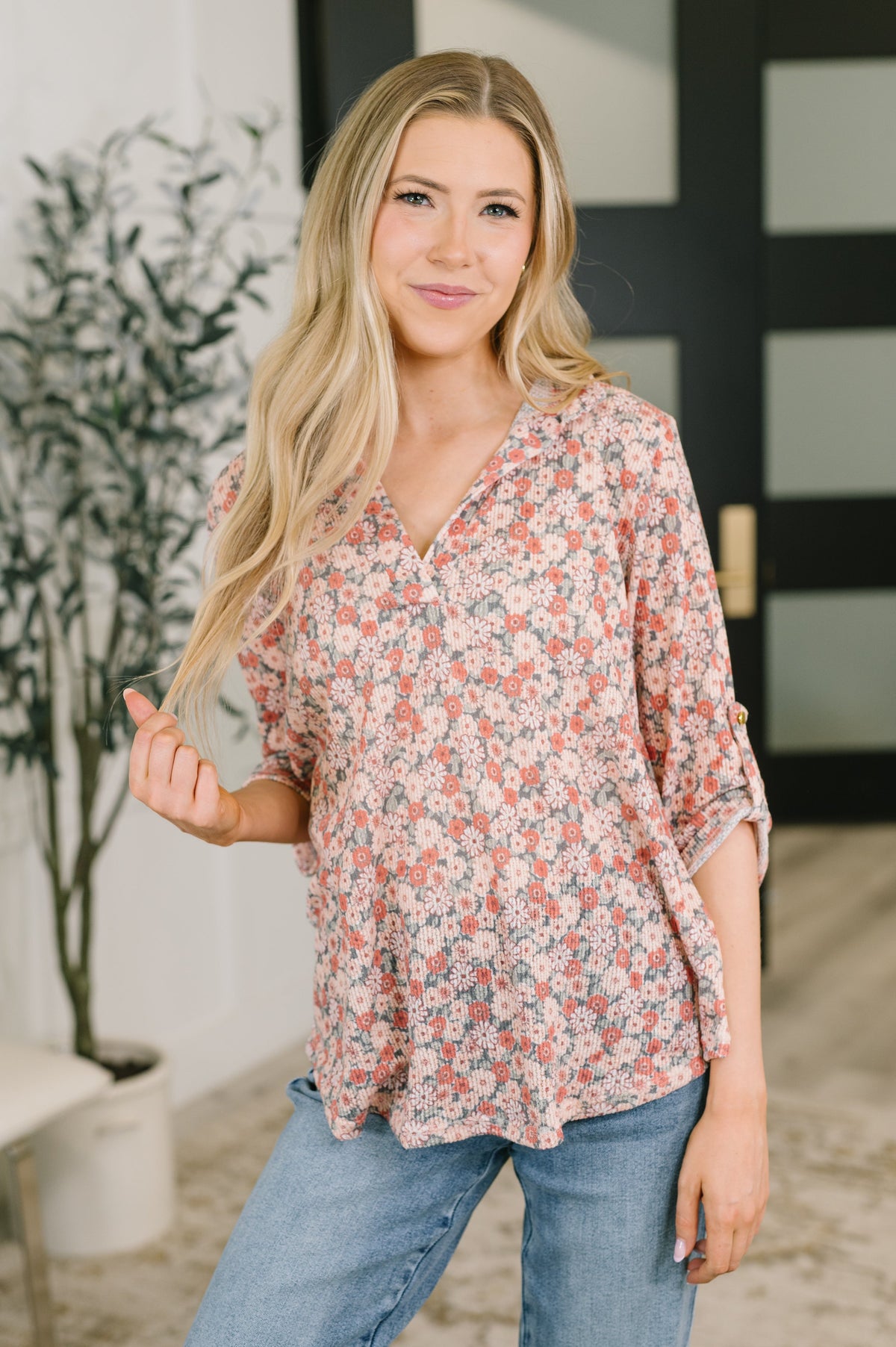 Favorite Florist Split Neck Half Sleeve Top Womens